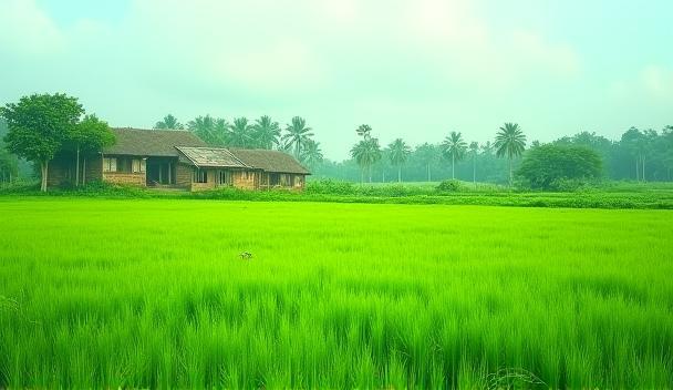 Lush green rural landscape in India with traditional village homes, used for a nature documentary