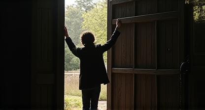 Person opening a large wooden gate at a potential film location