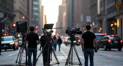 Film crew setting up equipment on a location shoot in a city street
