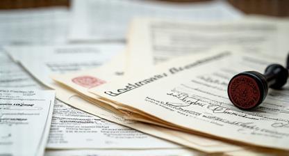 Stack of paperwork and stamps representing film permits being processed
