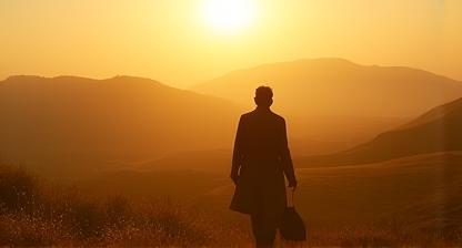 Person scouting a film location in a rural Indian landscape
